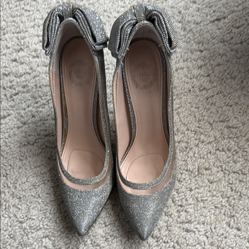 J. Crew Silver Glitter Heels with Bow